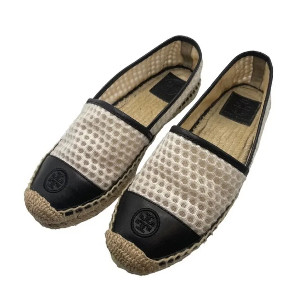 Tory Burch Espadrilles Women Size 6.5 US Black White Mesh Vegan‎ Leather Grenada